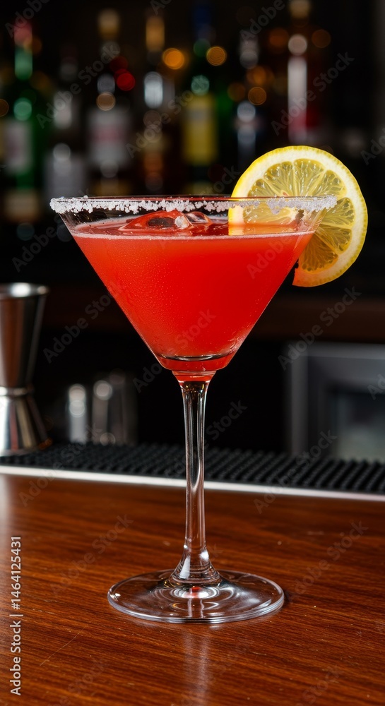 Vibrant Red Cocktail with Lemon on a Wooden Bar Counter Vibrant Red Cocktail with Lemon on a Wooden Bar Counter