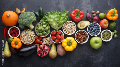 Healthy eating ingredients: fresh vegetables, fruits and superfood. Clean eating and detox. Nutrition, diet, vegan food.