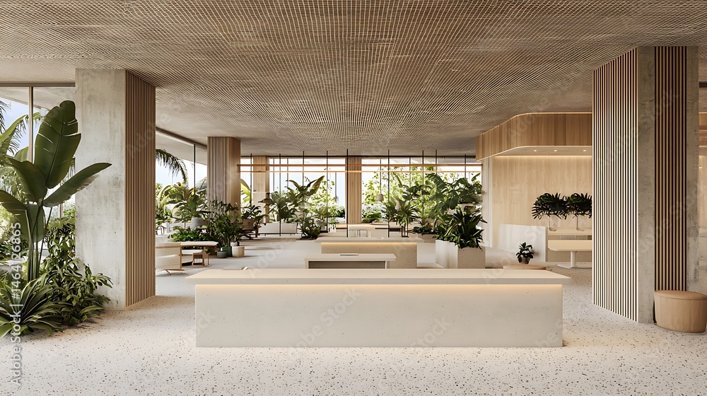 Fototapeta premium Serene Tropical Lobby with Textured Ceiling and Lush Greenery