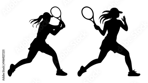 vector illustration of a female tennis player in action, depicted as a black silhouette against a plain white background. Set of tennis players silhouettes
