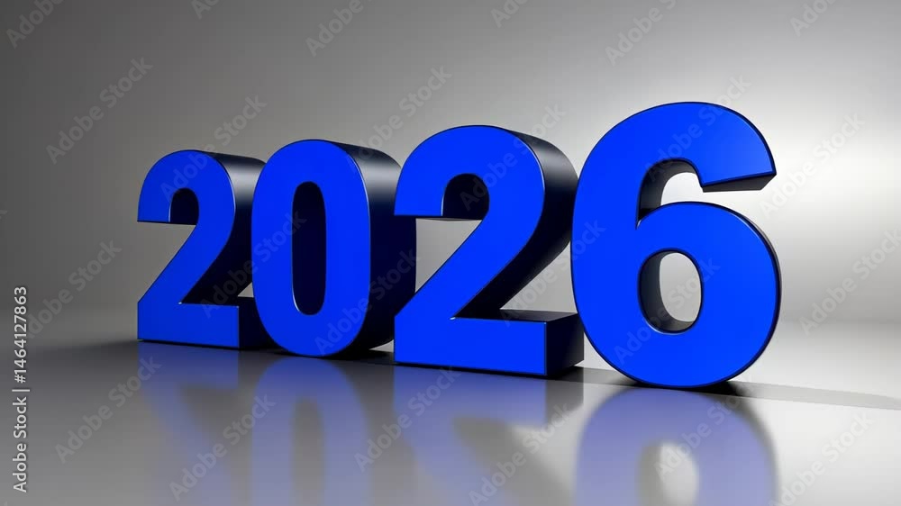 Blue 2026 numbers rotation on reflective surface with subtle light changes Blue 2026 numbers rotation on reflective surface with subtle light changes