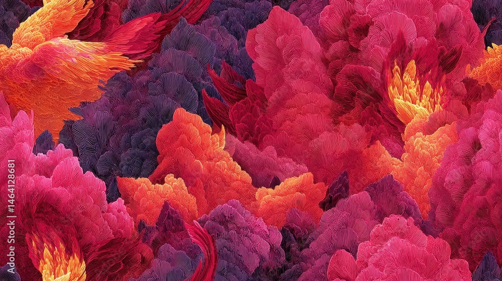Obraz premium Vibrant Seamless Pattern of Phoenix Feathers in Fiery Hues