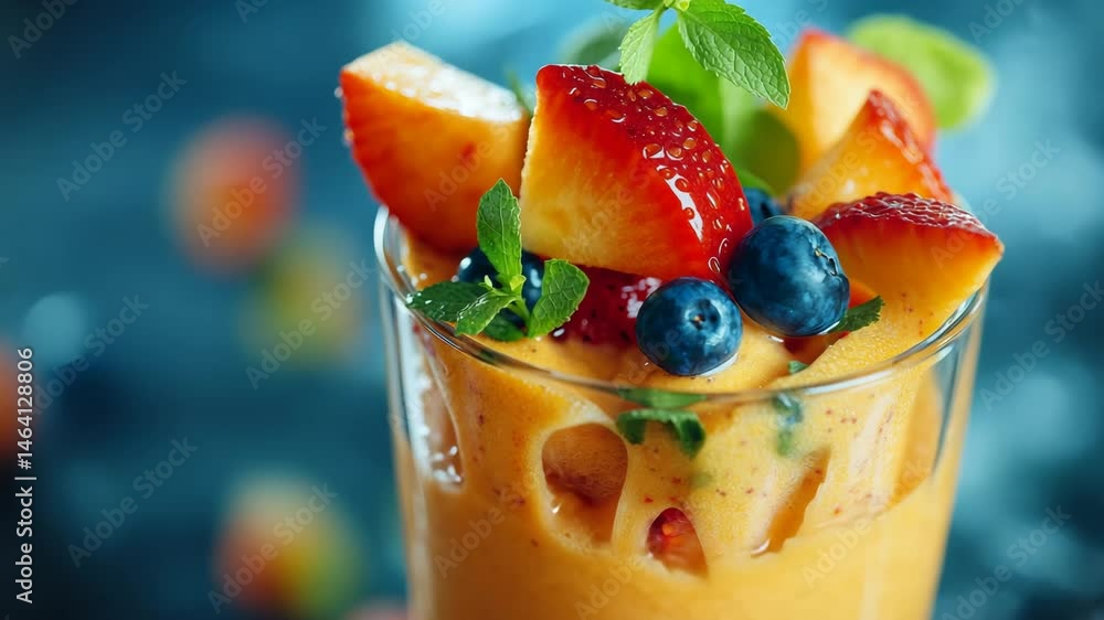 Fresh fruit smoothie with peach, strawberry, blueberry, and mint clear glass, featuring vibrant colors and healthy ingredients for refreshing, appetizing, and fresh summer drink, perfect for healthy