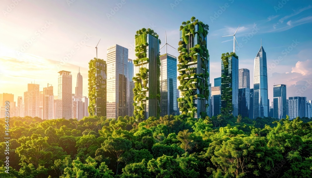 Fototapeta premium Eco-friendly Cityscape with Green Buildings and Renewable Energy