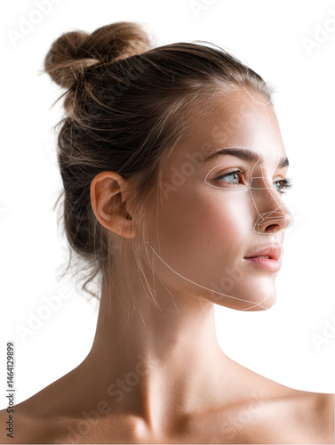 Beautiful woman profile portrait with geometric lines elegant face young model skincare beauty cosmetics on transparent background