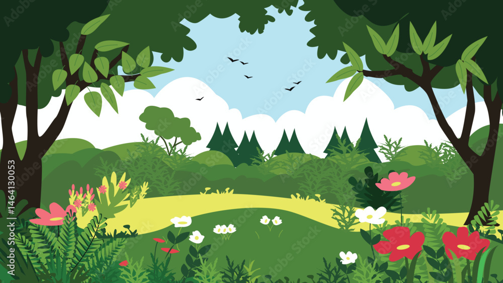 Obraz premium Vector illustration of a sunny meadow with colorful flowers, green trees and flying birds in a flat design style