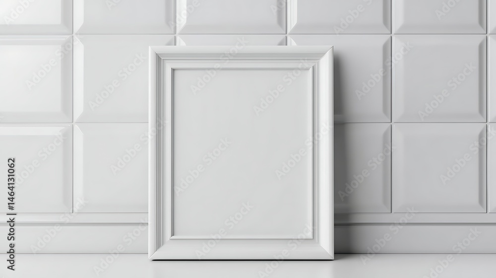 Fototapeta premium Empty white picture frame leaning against patterned wall