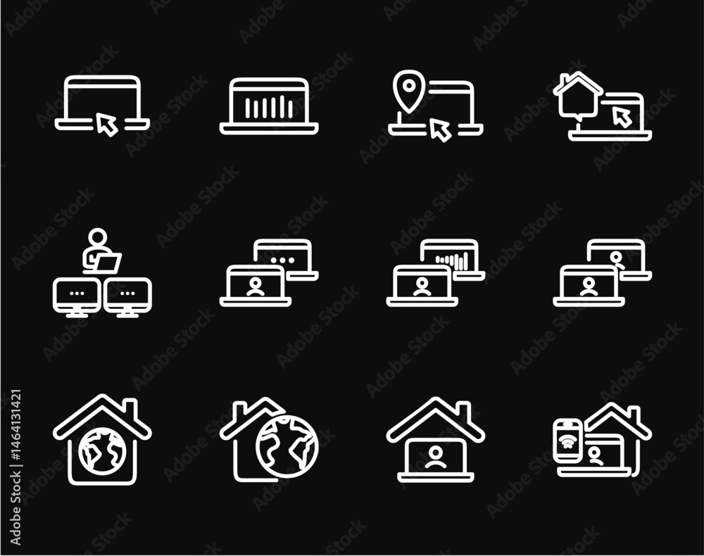 Remote Work Line Icons . Freelancer Work from Home, Video Call, Online Meeting, Teleconference Vector Set Remote Work Line Icons . Freelancer Work from Home, Video Call, Online Meeting, Teleconference Vector Set