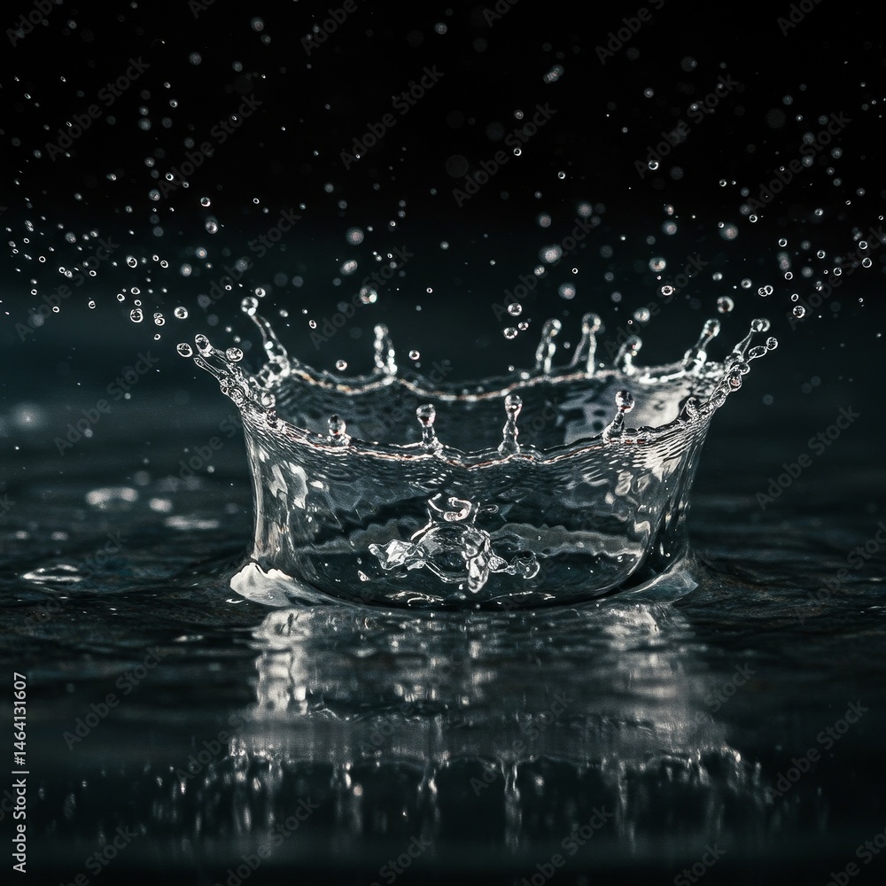 Water Splash Creating a Crown Shape on Dark Reflective Surface Water Splash Creating a Crown Shape on Dark Reflective Surface