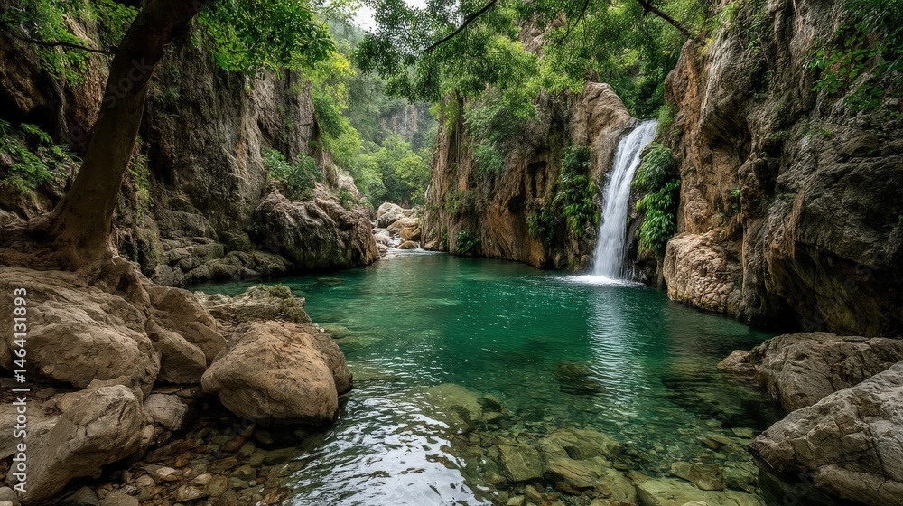 Naklejka premium Serene Crystal Clear Waterfall Tumbling into Lush Green Paradise