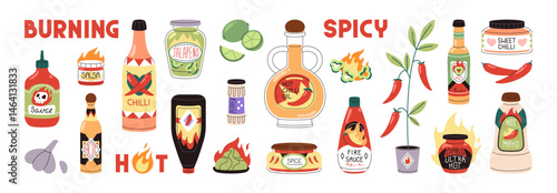 Set of spicy sauces. Bottle of hot chilli pepper, glass jar of jalapeno, salsa. Packaging of burning Mexican chili, fire condiment, spice. Flat isolated vector illustrations on white background