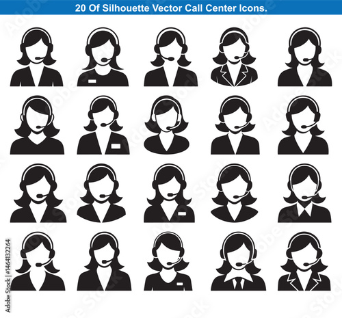 Twenty Call Center Agent Silhouettes Icons vector collection.