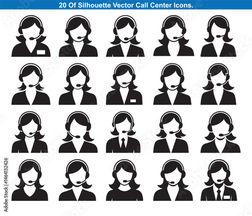 Twenty Call Center Agent Silhouettes Icons vector collection.