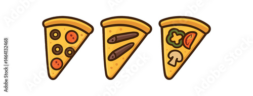 Three cartoon pizza slices with variety of toppings