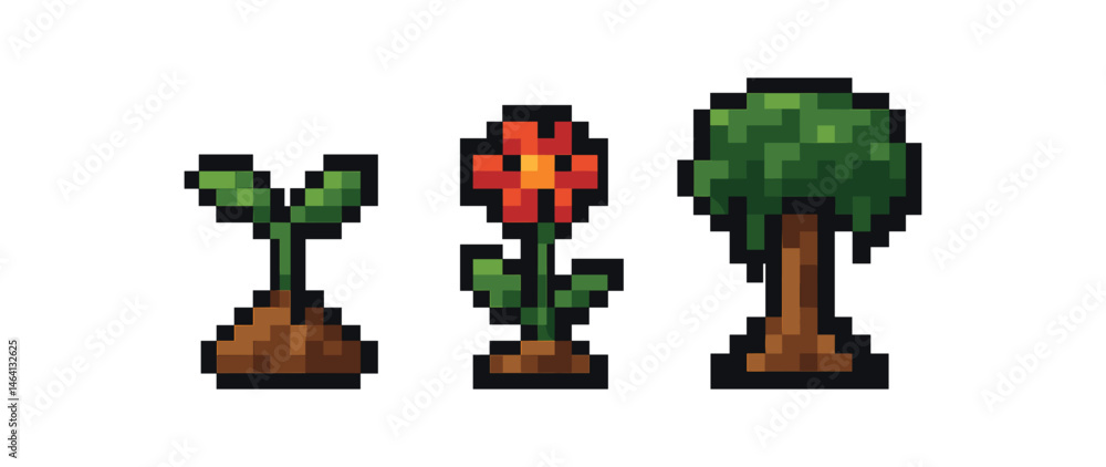 Fototapeta premium Pixel art growth cycle: sapling, flower, tree on gray background