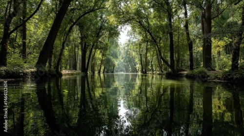 Serene Flooded Forest with Mirrored Reflection in Calm Water