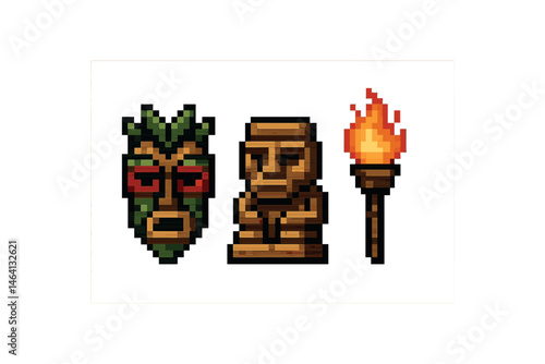 Pixel art totem mask, stone idol, and burning torch on gradient background