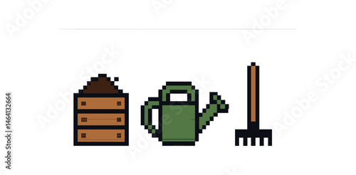 Pixelated garden tools: soil box, watering can, rake