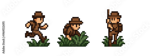 Pixel art adventure characters in action poses with hats and greenery