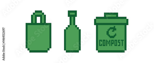 Pixel art icons of reusable bag, glass bottle, and compost bin on green gradient background