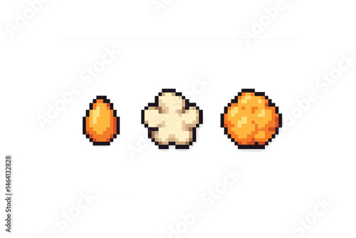 Pixel art: corn kernel, popped popcorn, and caramel popcorn on yellow background