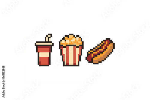 Pixel art icons of soda, popcorn, and hot dog on yellow background