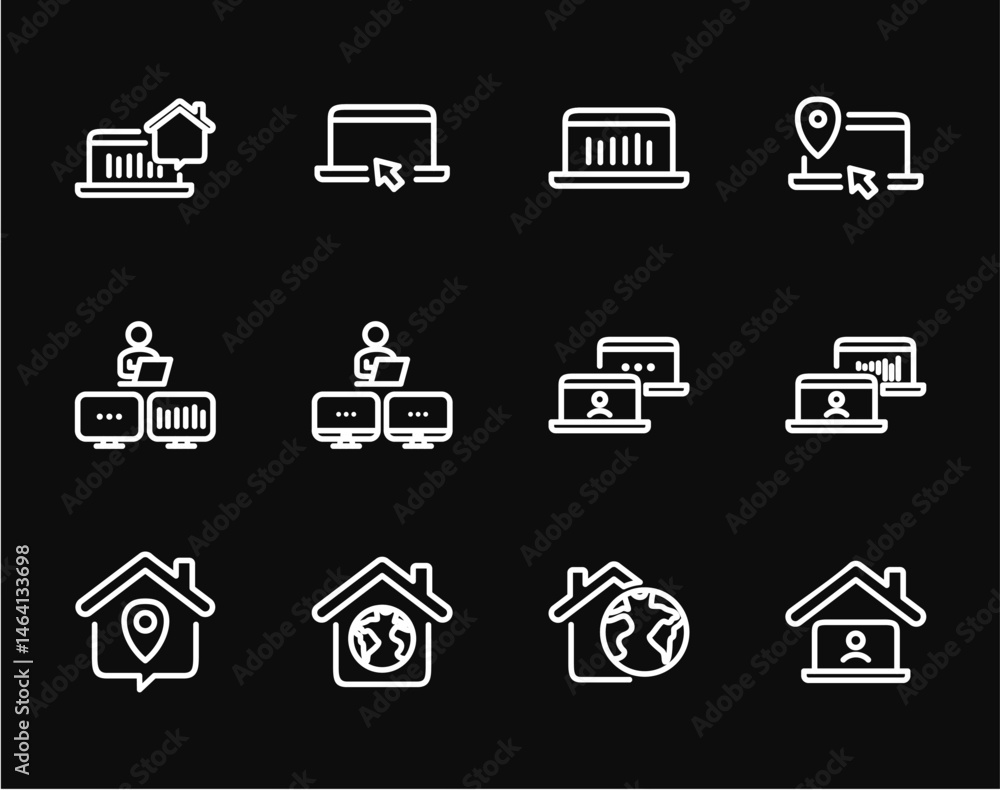 Remote Work Line Icons . Freelancer Work from Home, Video Call, Online Meeting, Teleconference Vector Set Remote Work Line Icons . Freelancer Work from Home, Video Call, Online Meeting, Teleconference Vector Set