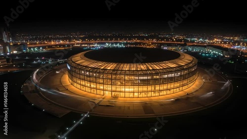 Dohas illuminated architectural marvel nighttime drone footage of modern stadium