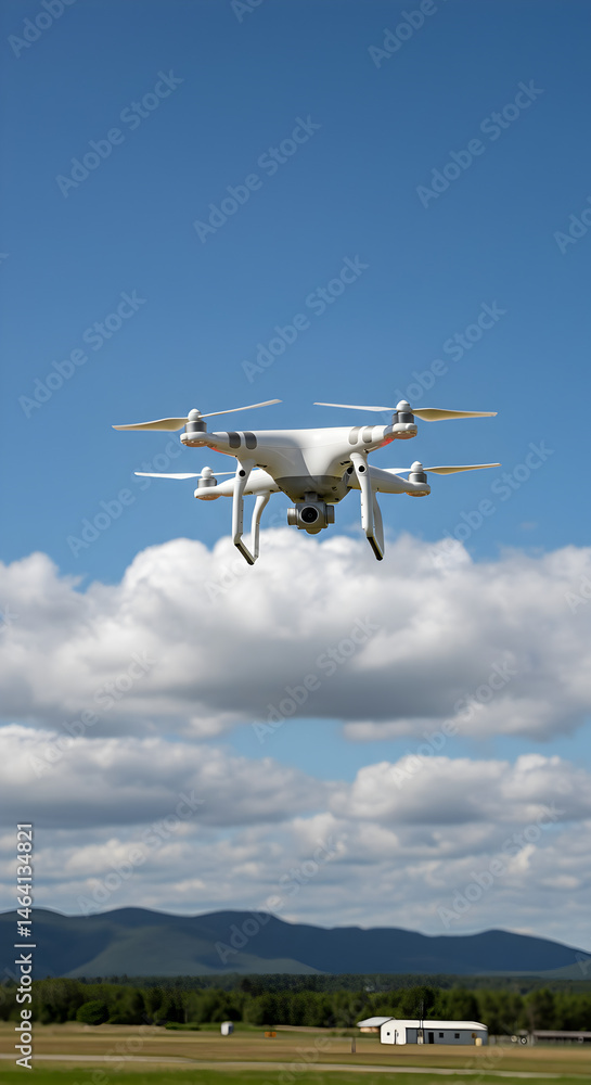 White Drone Hovering Under Blue Sky with Fluffy Clouds Landscape White Drone Hovering Under Blue Sky with Fluffy Clouds Landscape