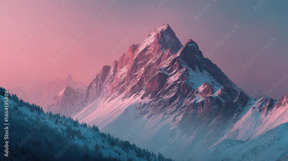 Obraz premium Snowy Mountain Peak Under Pink Sky at Dawn with Soft Lighting