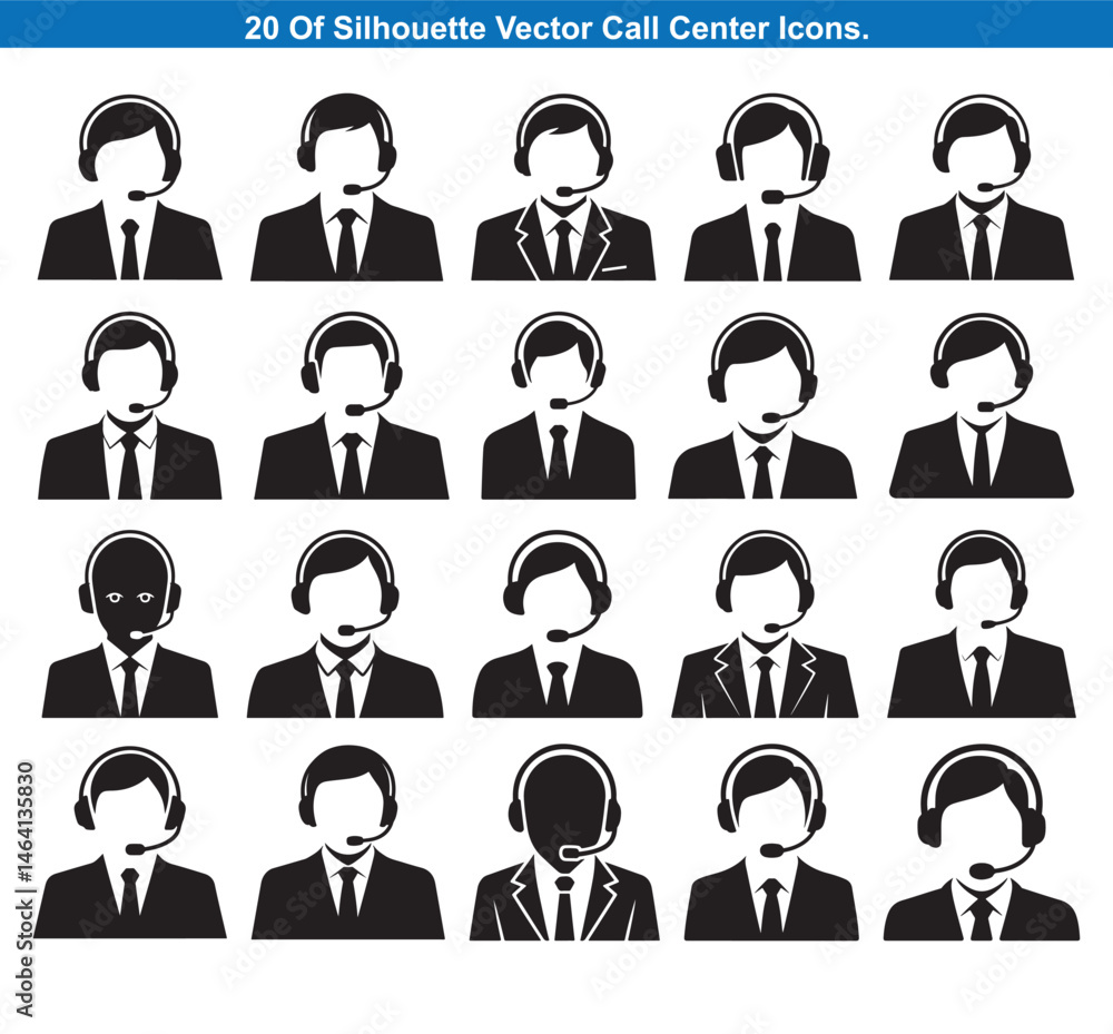 Twenty Call Center Agent Silhouettes Icons vector collection. Twenty Call Center Agent Silhouettes Icons vector collection.