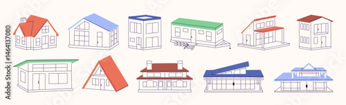 Line art set of modern houses. Residential buildings with different shapes- villas, cottages, lodges, camper. Stylish architecture. Flat isolated outline vector illustrations on white background