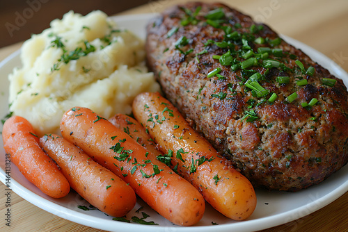 Classic Meatloaf Dinner with Mashed Potatoes and Glazed Carrots Garnished with Fresh Herbs
