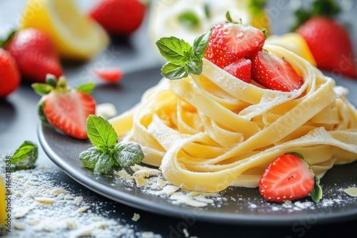 Fototapeta Naklejka Na Ścianę i Meble -  Elegant pasta close-up with strawberries and vibrant fruits in scene