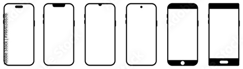 Smartphone frame mockup vector set with different notch styles and bezel designs including modern mobile screen outline template for UI UX and app design