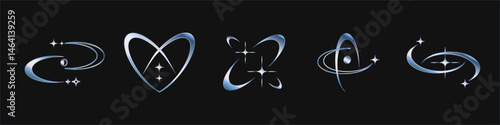 Retro metallic symbols and y2k shapes, futuristic abstract frames and symbols with blinking stars. Vector design elements and logos set.