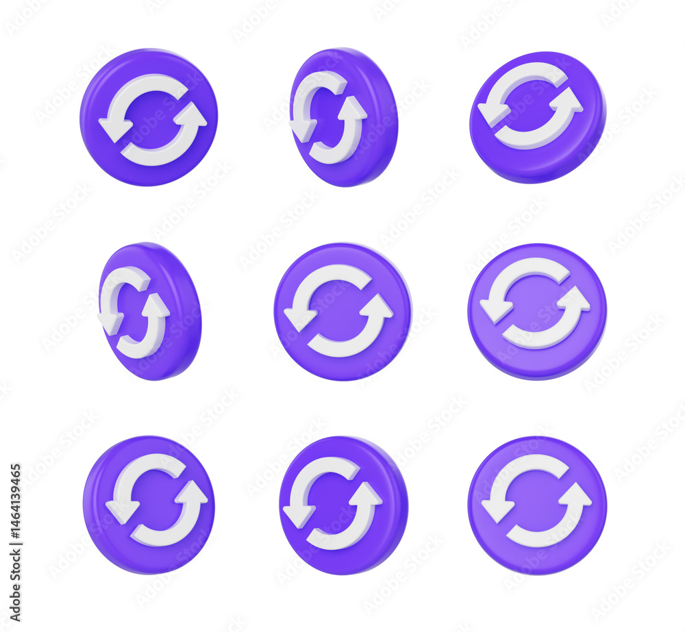 Purple circular buttons with a white refresh icons featuring two curved arrows, 3d illustration Purple circular buttons with a white refresh icons featuring two curved arrows, 3d illustration