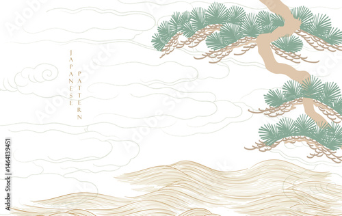 Japanese background with line ocean sea and bonsai tree pattern vector. Abstract template with geometric wave pattern. Cloud layout design in oriental style