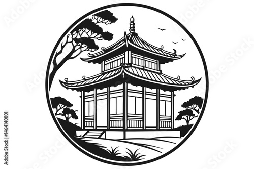 3 Asian pagoda, circular frame, black and white silhouette, traditional architecture, ornate roof, stylized design, symmetrical composition, zen garden elements, minimalist illustration, iconic landma