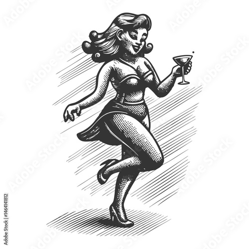 retro pin-up girl enjoying a martini alcohol glass, epitomizing vintage charm and cocktail culture 