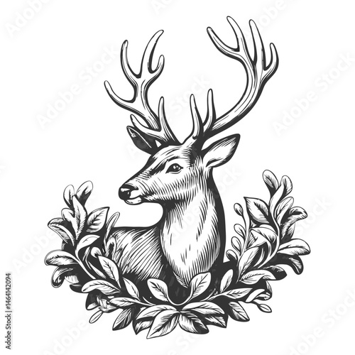 deer with large antlers, surrounded by decorative foliage, evoking a sense of nature, wildlife, and elegance