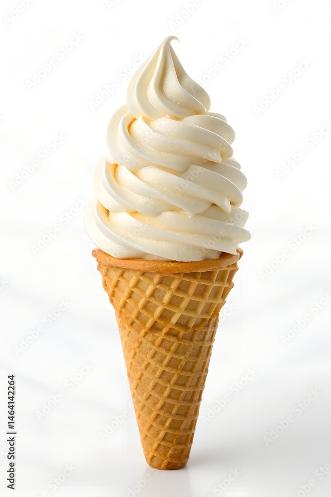 A delicious ice cream cone featuring soft-serve vanilla ice cream swirled beautifully atop a crispy cone. white background A delicious ice cream cone featuring soft-serve vanilla ice cream swirled beautifully atop a crispy cone. white background