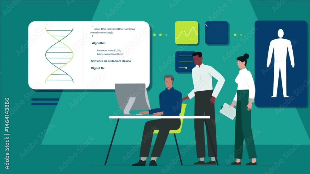 Medical professionals viewing DNA results and analysis on screens in a healthcare animation. Medical professionals viewing DNA results and analysis on screens in a healthcare animation.