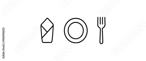 Minimalist icons of takeout box, plate, and fork on white background