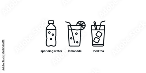 Icon set of sparkling water, lemonade, and iced tea with simple line art