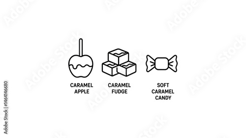 Caramel apple, fudge, and soft candy icons in black and white