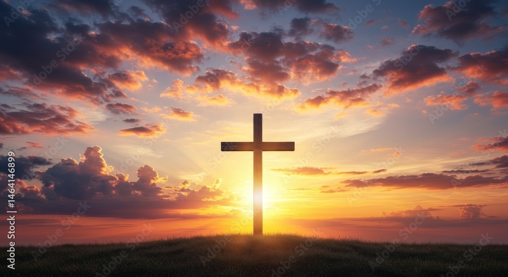 Wooden Cross Silhouette Under Golden Sunset Sky in a Peaceful Landscape Wooden Cross Silhouette Under Golden Sunset Sky in a Peaceful Landscape
