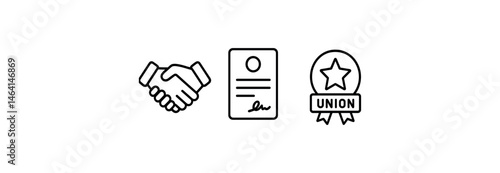 Union symbol: handshake, contract, and union badge icons in black and white