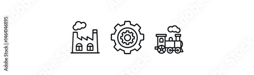 Industrial revolution icons: factory, cogwheel, steam locomotive
