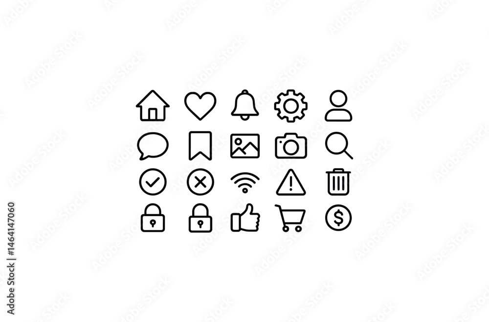 Minimalist icon set featuring various symbols for digital applications Minimalist icon set featuring various symbols for digital applications